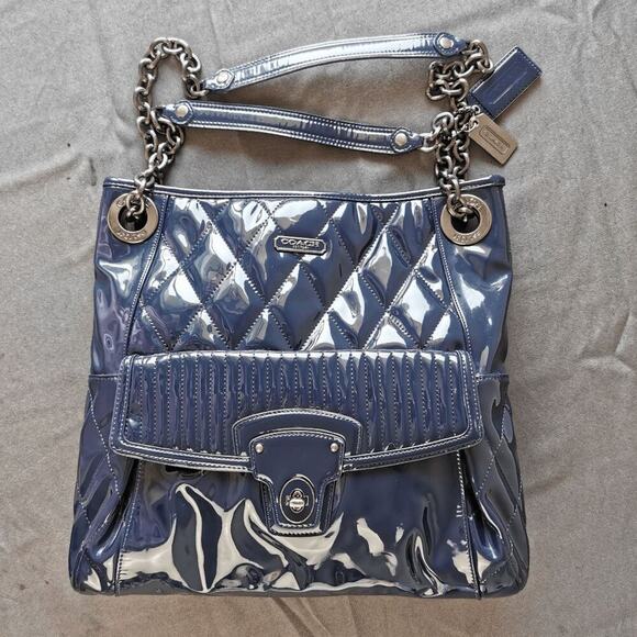 COACH POPPY LIQUID GLASS PURSE 18673 NAVY BLUE CHAIN SHOULDER